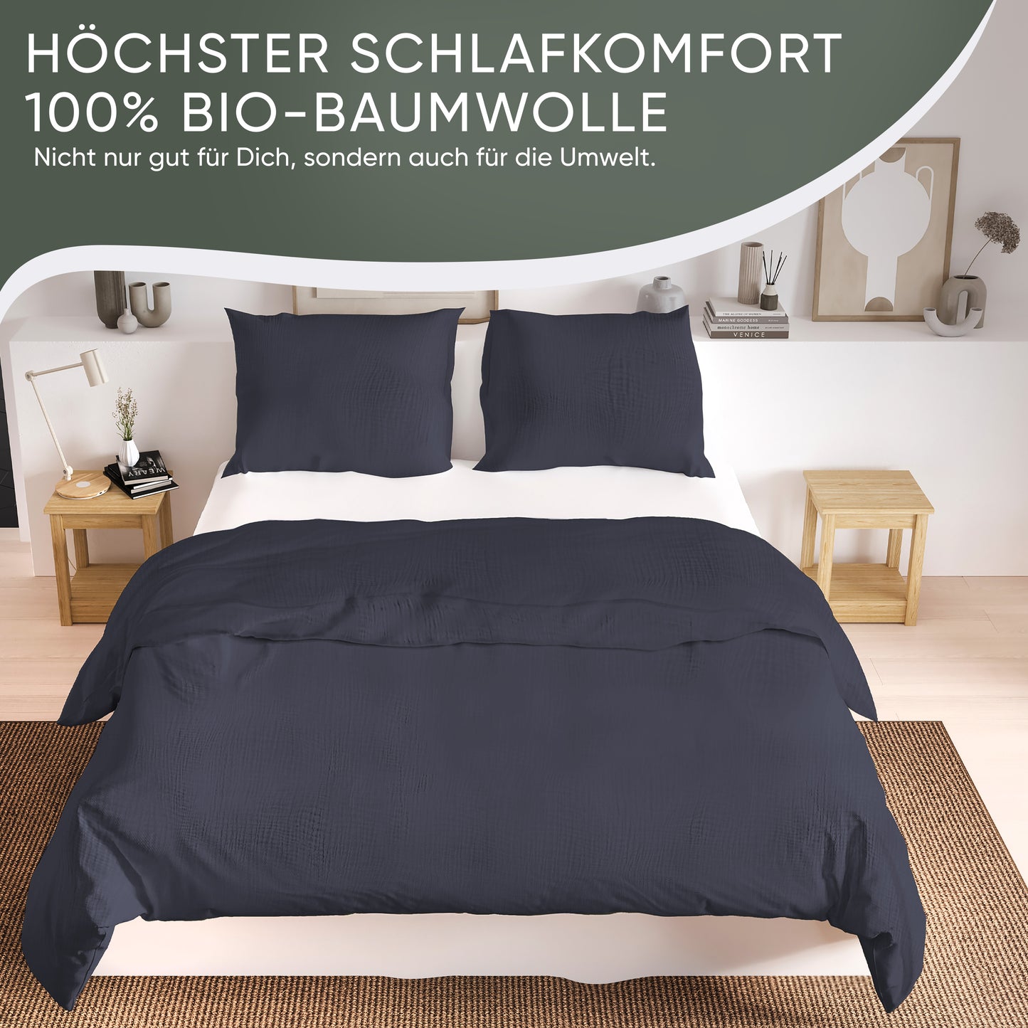 jilda-tex Bio-Bettwäsche Musselin Medina 100% Bio-Baumwolle Knitterlook Bügelfrei Uni Made in Green
