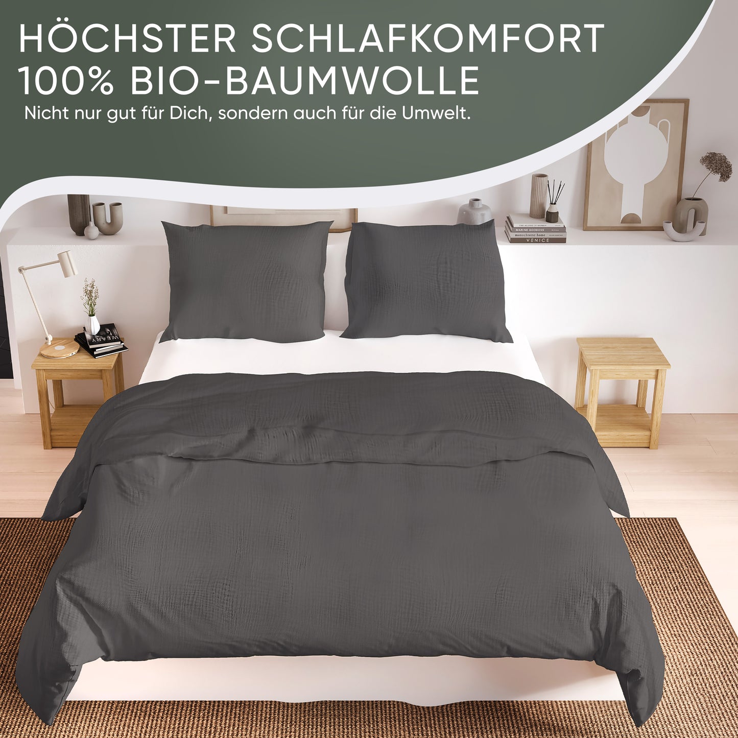 jilda-tex Bio-Bettwäsche Musselin Medina 100% Bio-Baumwolle Knitterlook Bügelfrei Uni Made in Green