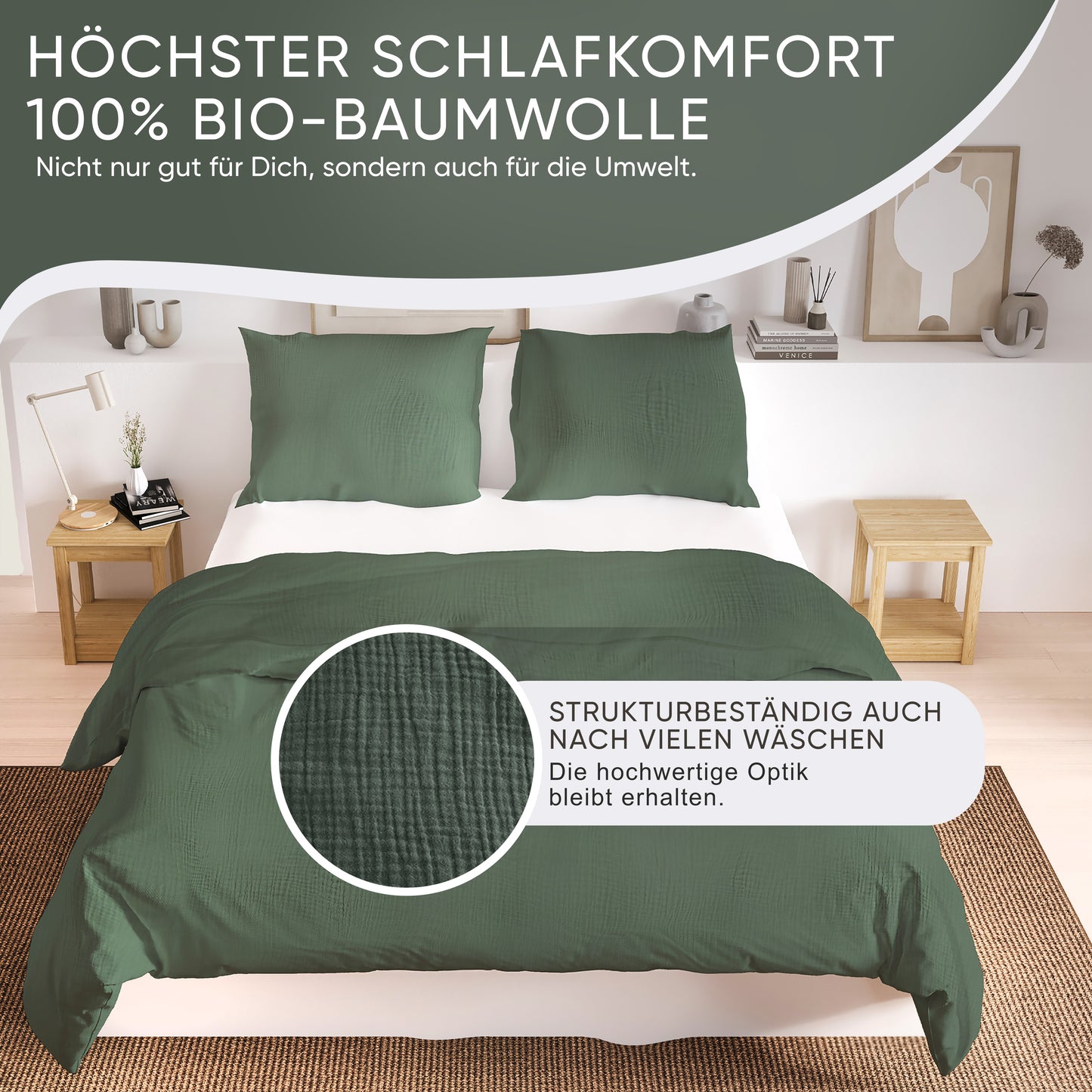 jilda-tex Bio-Bettwäsche Musselin Medina 100% Bio-Baumwolle Knitterlook Bügelfrei Uni Made in Green