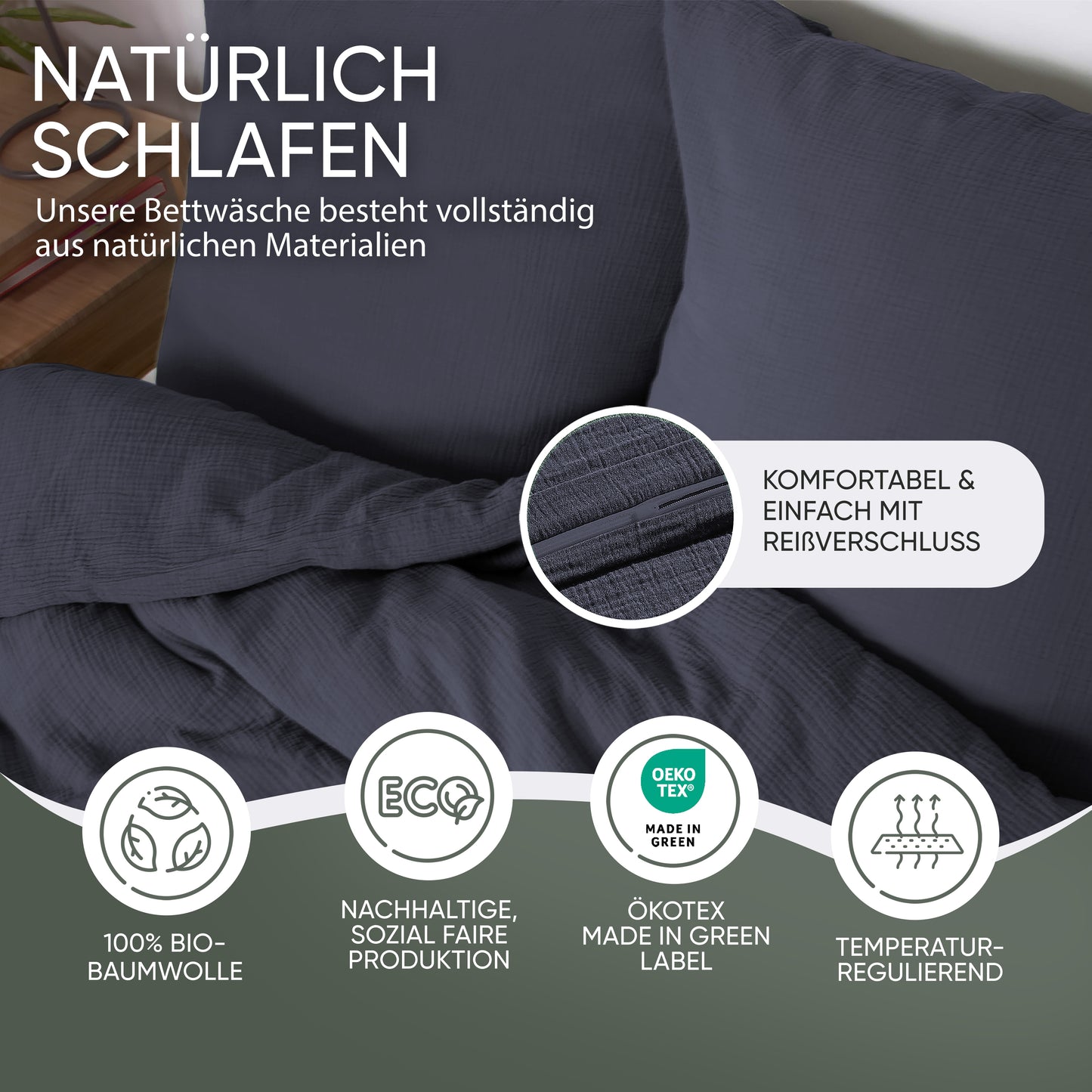jilda-tex Bio-Bettwäsche Musselin Medina 100% Bio-Baumwolle Knitterlook Bügelfrei Uni Made in Green