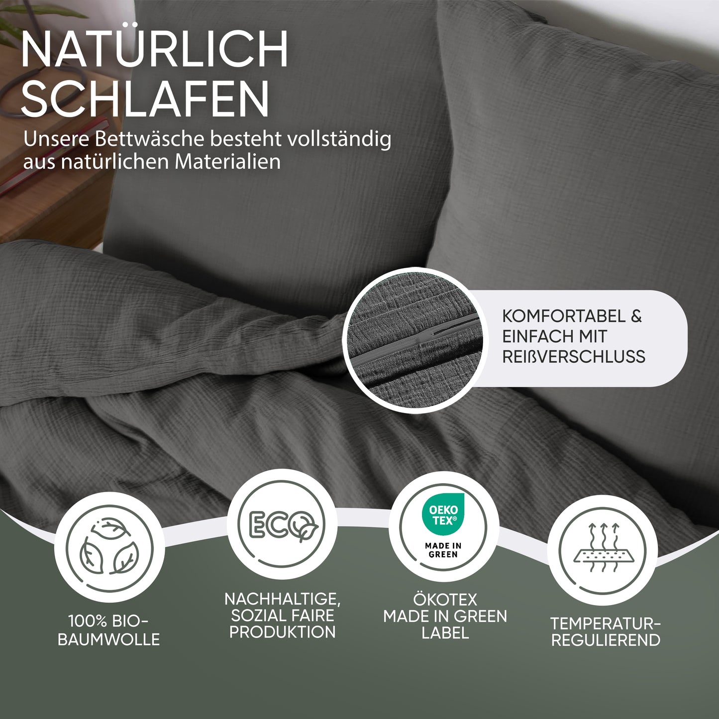 jilda-tex Bio-Bettwäsche Musselin Medina 100% Bio-Baumwolle Knitterlook Bügelfrei Uni Made in Green