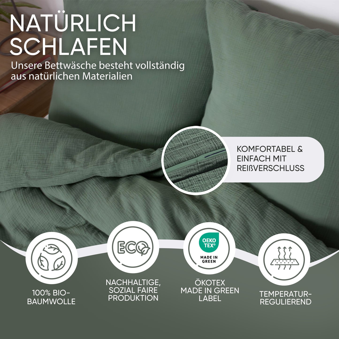 jilda-tex Bio-Bettwäsche Musselin Medina 100% Bio-Baumwolle Knitterlook Bügelfrei Uni Made in Green