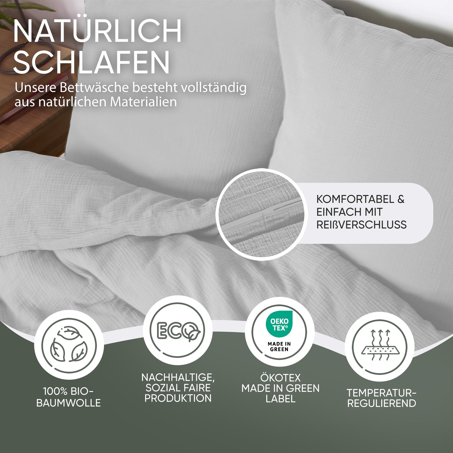 jilda-tex Bio-Bettwäsche Musselin Medina 100% Bio-Baumwolle Knitterlook Bügelfrei Uni Made in Green