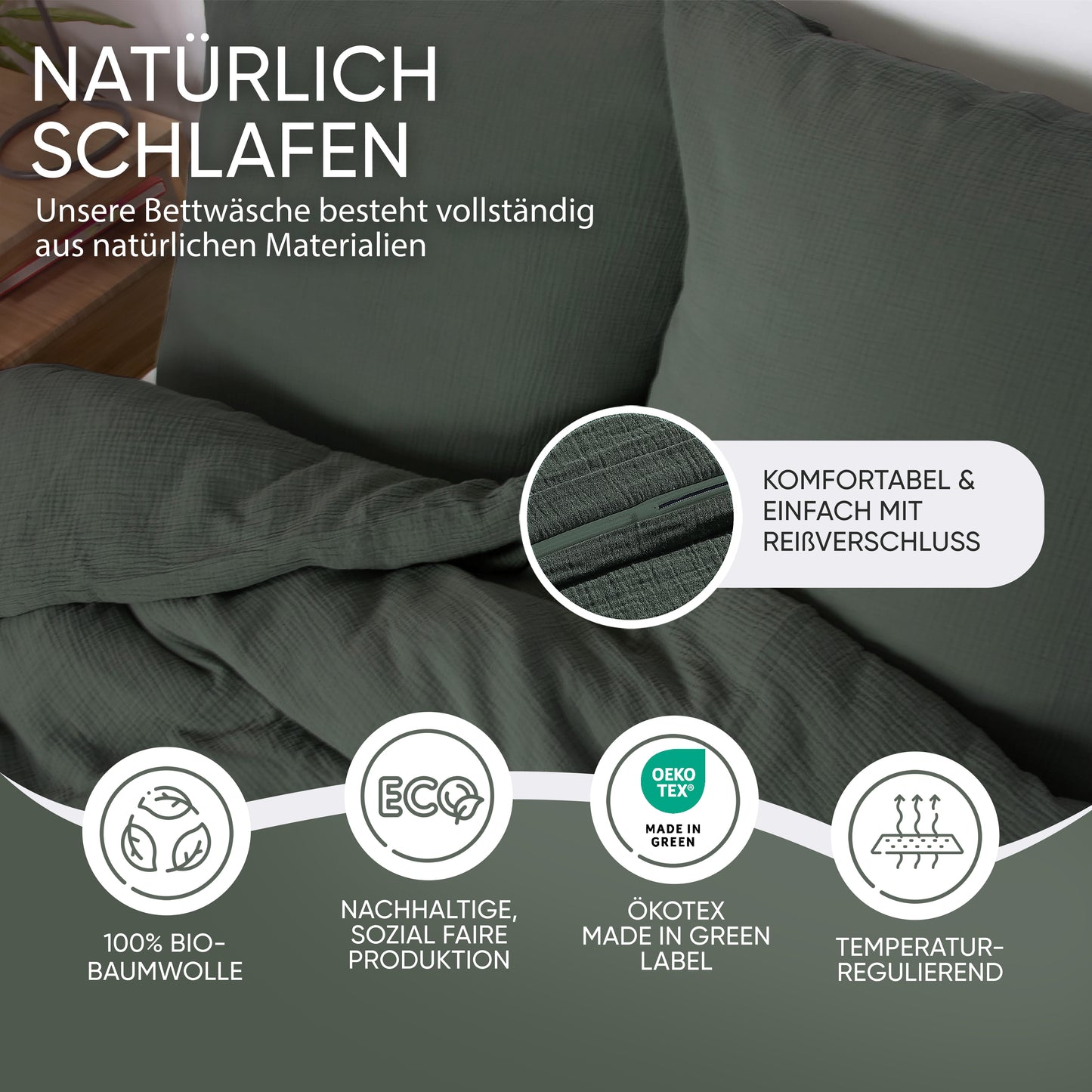 jilda-tex Bio-Bettwäsche Musselin Medina 100% Bio-Baumwolle Knitterlook Bügelfrei Uni Made in Green
