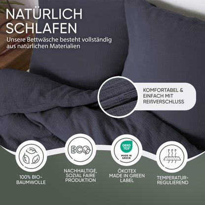 jilda-tex Bio-Bettwäsche Musselin Medina 100% Bio-Baumwolle Knitterlook Bügelfrei Uni Made in Green