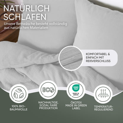 jilda-tex Bio-Bettwäsche Musselin Medina 100% Bio-Baumwolle Knitterlook Bügelfrei Uni Made in Green