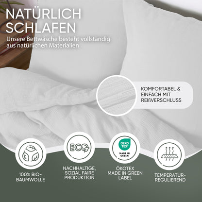 jilda-tex Bio-Bettwäsche Musselin Medina 100% Bio-Baumwolle Knitterlook Bügelfrei Uni Made in Green