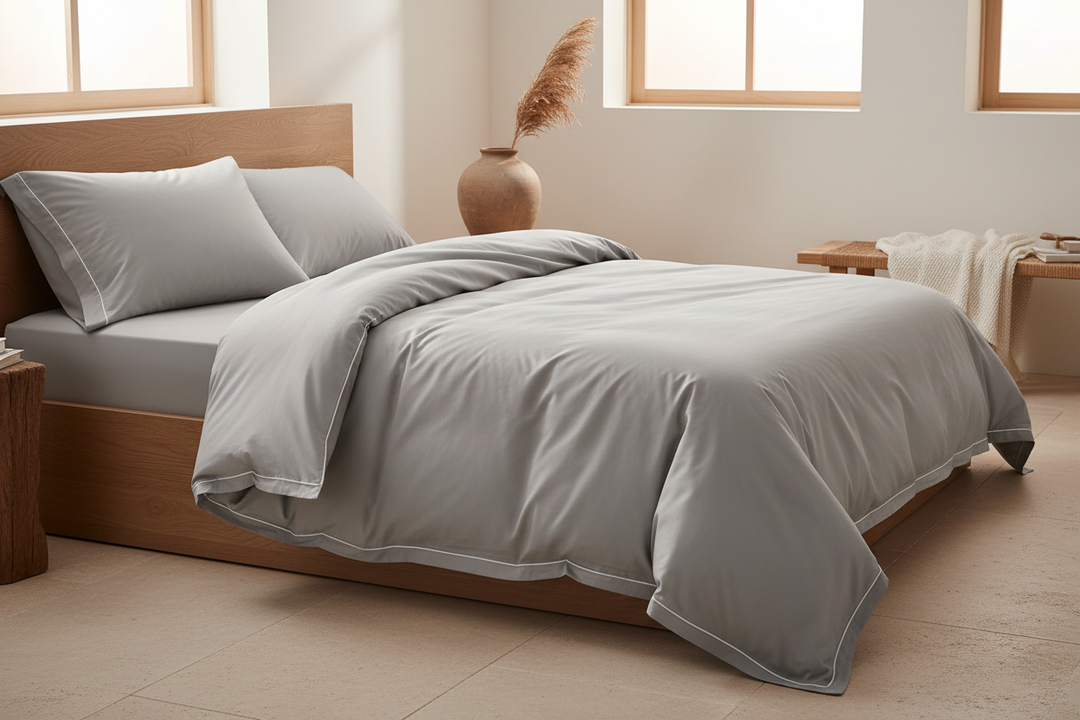 kannst du ein Bild gerenieren, auf dem eine Lyocell Tencl Bettwäsche ind er Farbe hellgrau ist. wichtig ist,d ass die bettwäsche an der seite ein weiße linie hat, die quaie an der naht ist, auf einem ruhigen nathürlichen umgebung, die bettwäsche soll 135x200 mit 80x80cm kissen 